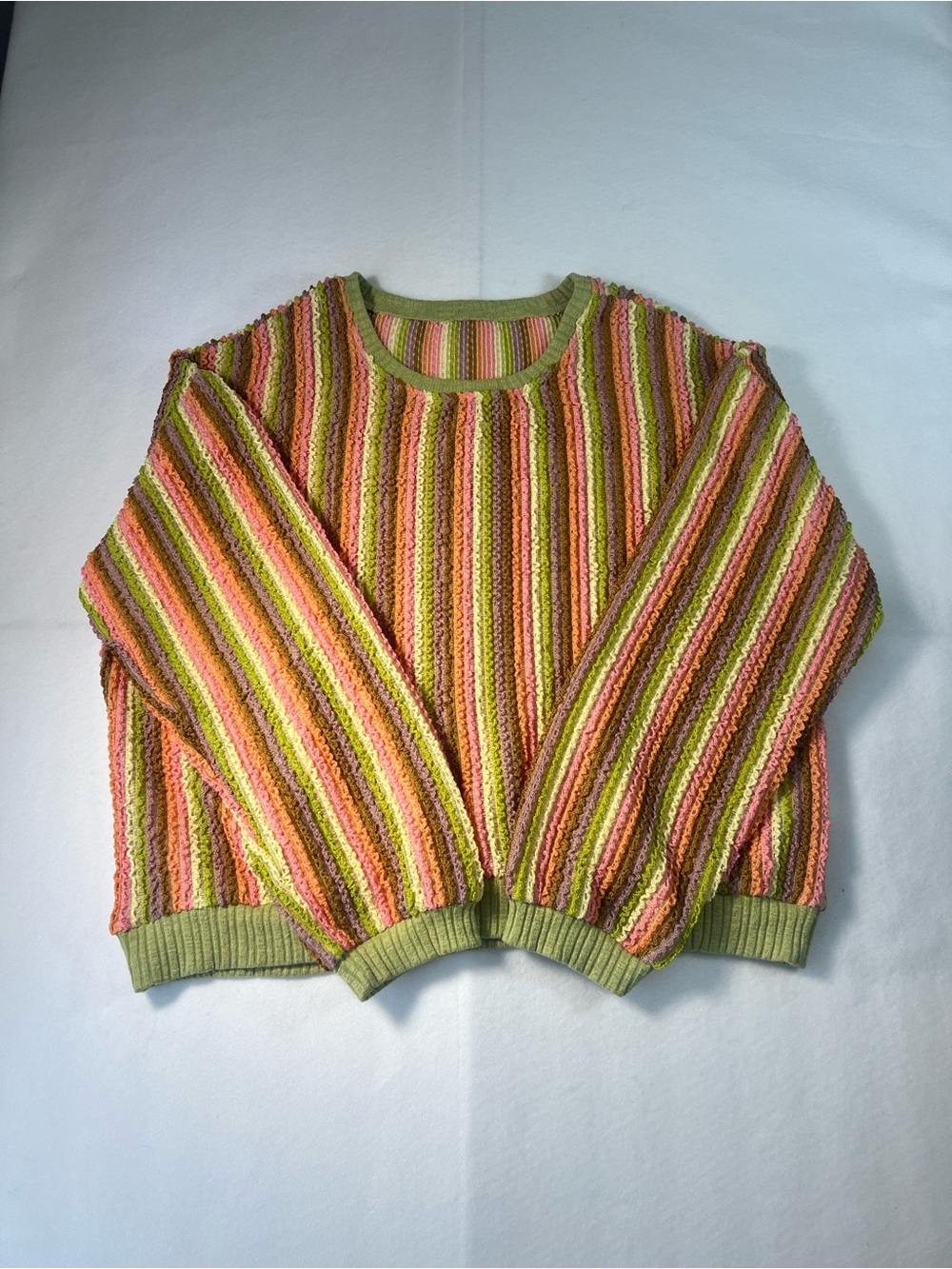 Striped Multicolor Crewneck Sweater - Green/Pink/Yellow XL lightweight